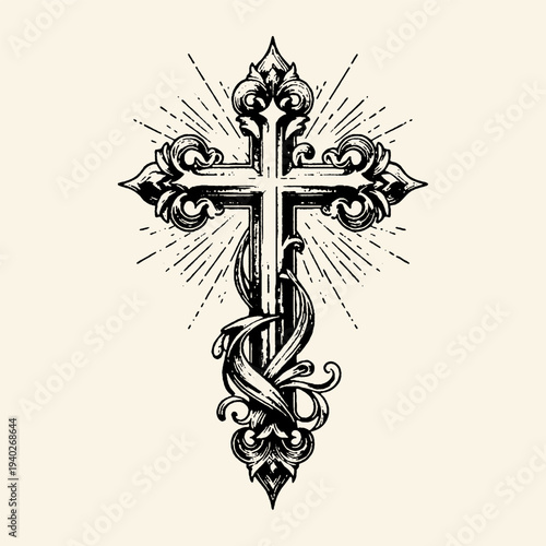 Schilderij op canvas Ornate Baroque Cross with Ribbon and Radiant Rays Illustration