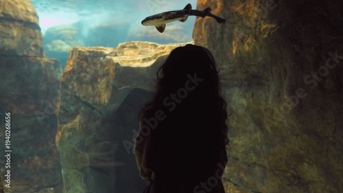 Child Silhouette Gazing Into Rocky Aquarium Tank With Soft Underwater Light Beams