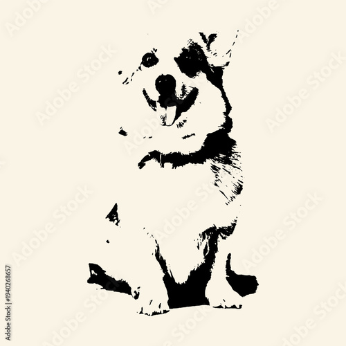 Happy Fluffy Dog Sitting Paw Raised Woodcut Illustration
