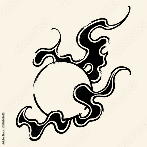 Flaming Moon Circle with Flowing Smoke Tattoo Illustration