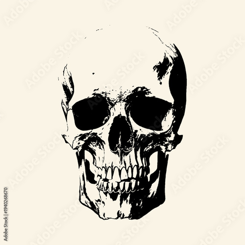 Human Skull Front View Grunge Woodcut Illustration
