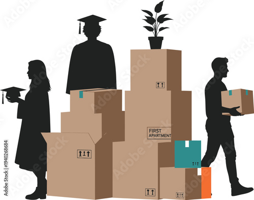 Graduation and Moving Day Silhouette Concept: New Beginnings, Boxes, and Caps