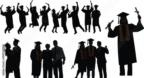 Collection of graduation silhouettes: jumping students, receiving diplomas, couples, families, and individual achievements