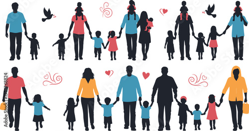 Silhouettes of diverse families, including parents holding children's hands, walking together against decorative elements