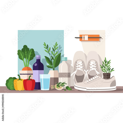 Healthy lifestyle elements with food, water, and exercise footwear