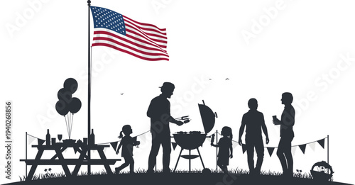 American family picnic silhouette: celebrating 4th of July with BBQ, picnic table, and US flag