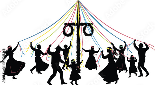 Maypole celebration: silhouettes of people dancing and holding colorful ribbons around a decorated maypole