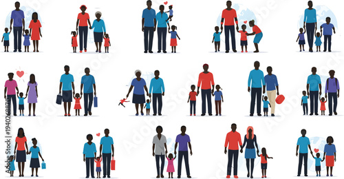 Diverse families depicted in flat design style, representing various family structures and togetherness, on white background