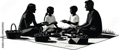 Silhouette of a family enjoying a picnic meal outdoors on a blanket, sharing food and spending time together
