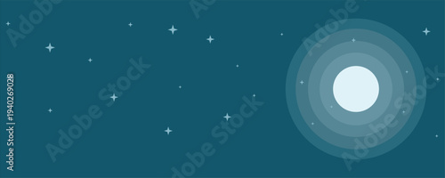 Teal night sky with glowing full moon and stars minimalist illustration