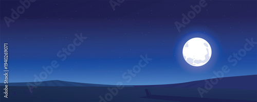 Full moon over serene hills night landscape blue gradient illustration