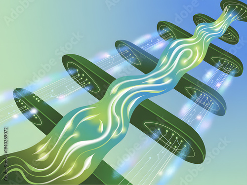 Digital Stream and Future Technology: An abstract representation of future technological concepts, digital streams weaving through stylized components, showcasing innovation and futuristic design.