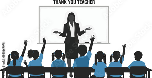 Teacher thanking students with raised hands in a classroom setting, diverse students eager to answer, educational concept illustration