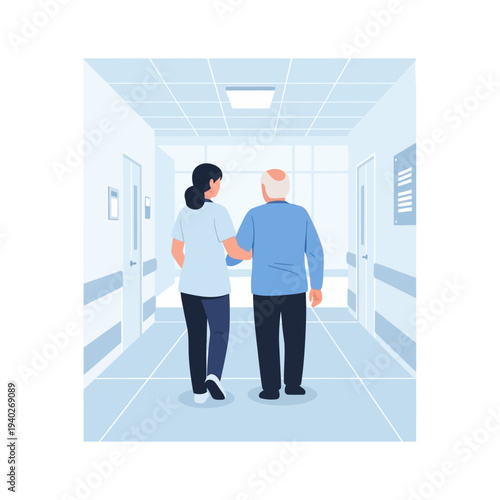 Woman medical professional assisting older man walking down hospital corridor