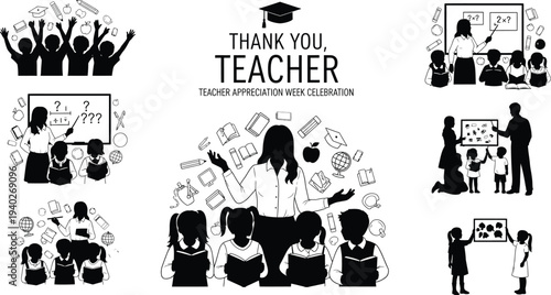 Teacher appreciation collage, showcasing teachers and students in various educational scenarios, celebrating educators and learning