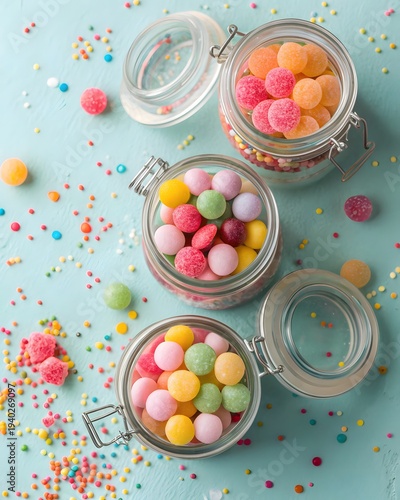 Glass jars filled with colorful round candies and jelly sweets