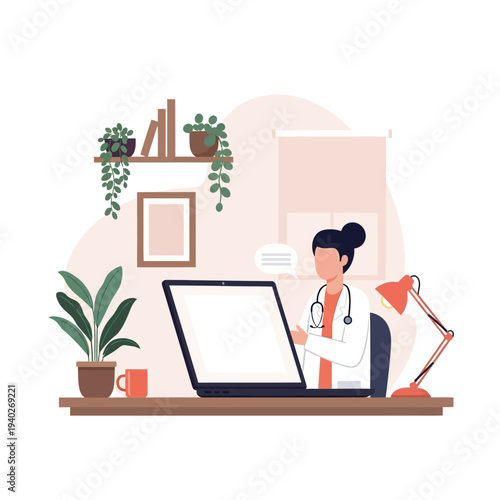 A doctor uses a laptop to video conference about health