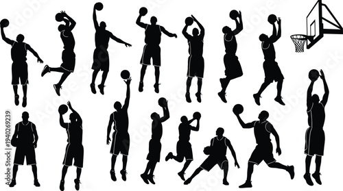 Basketball Player Silhouette Set, Athletes Jumping Dunking and Shooting Poses, Sports Action Graphics, CAD Drawing, Flat Vector Illustration, Black, White