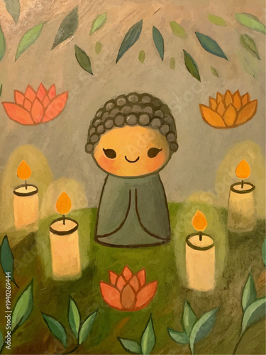 Cute Kawaii Buddha Statue with Candles Vesak Day Vector Illustration