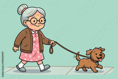 Cartoon Vector Illustration of an Elderly Woman Walking Her Small Brown Dog on a Leash, Senior Citizen Lifestyle and Pet Care Concept Isolated on Solid Background