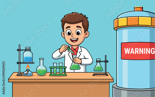 scientist conducting experiment with flask and dropper, cheerful laboratory science education children