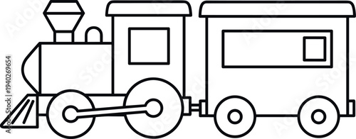 Simple train outline illustration, cartoon locomotive with wagon line art, transportation icon for kids coloring book design