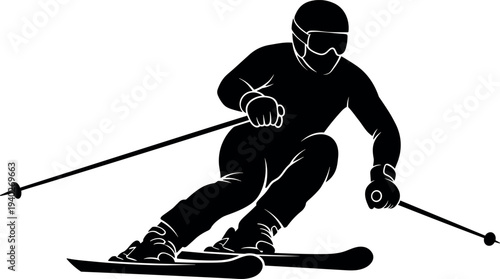 skier silhouette, alpine skiing, winter sport, ski athlete, downhill skiing, snow sport, ski action, extreme sport, vector silhouette