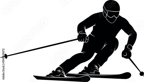 skier silhouette, alpine skiing, winter sport, downhill skier, ski athlete, snow sport action, mountain skiing, extreme sport