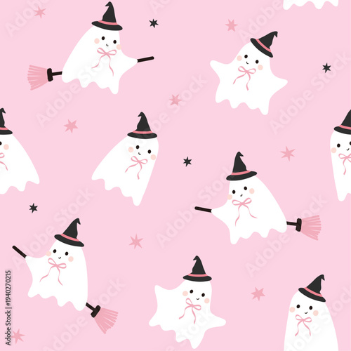 Seamless pink halloween ghost pattern. Cute spooky season characters for wallpaper, scrapbooks, stationery, wrapping paper, backgrounds and prints. Vector graphic illustration.