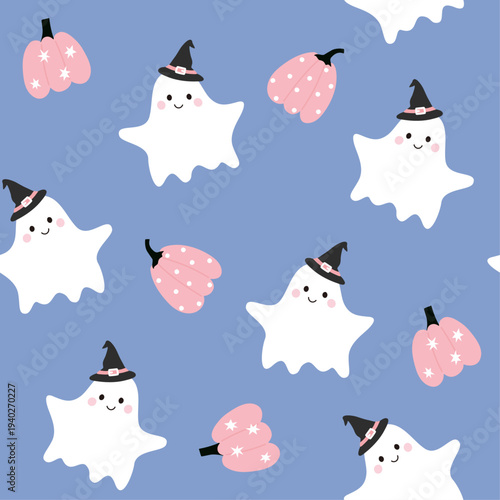 Halloween seamless hand drawn pattern. Cute ghosts pumpkins on blue background. Vector illustration for wallpaper, wrapping paper, backgrounds, textile prints.