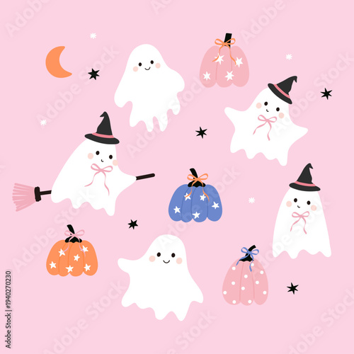 Coquette pink halloween clipart. Halloween pumpkin, ghost clipart in cartoon flat style. Cute Halloween doodle. Hand drawn vector illustration for wrapping paper, backgrounds, textile prints.
