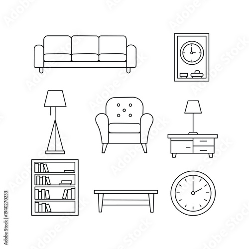 Living Room Furniture Icons Line Drawing Vector