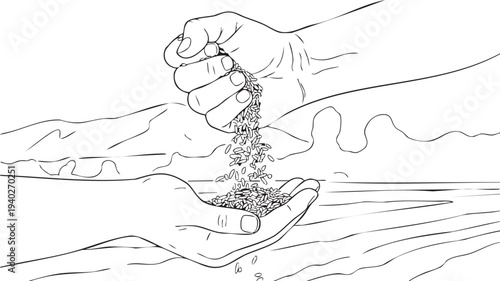 Grains falling from one hand into another to represent hope and donation concept