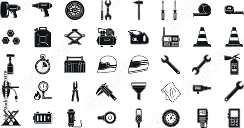 Auto Mechanic and Racing Equipment Icons: Tools, Safety Gear, and Car Parts