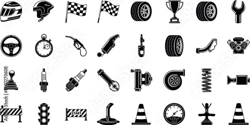 Black and White Icons for Racing and Automotive Parts: Essential Graphics for Motorsport Themes