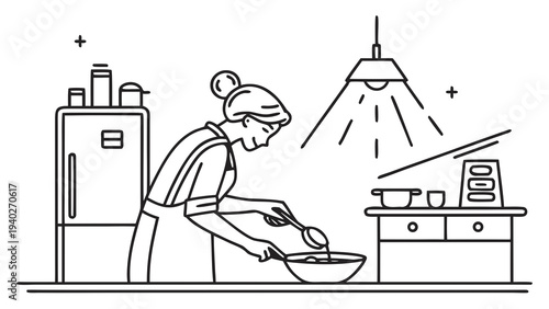 Woman washing dishes in a kitchen with a refrigerator and countertop.