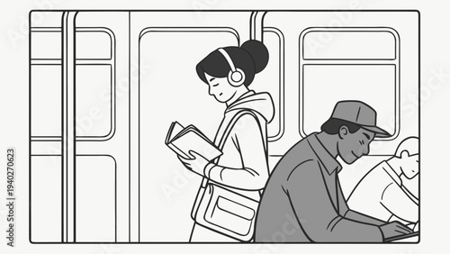 Woman reading on public transportation with fellow commuters.