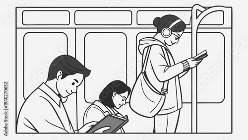 People using mobile devices on a crowded public transport.