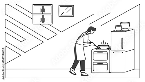 Man cooking in a modern kitchen with sleek appliances and simple decor.