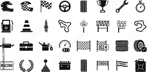 Racing Icons Bundle: Helmets, Flags, Tires, Fuel Cans, Tools, and Track Elements for Motorsport