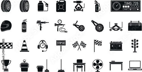 Car Repair and Maintenance Icons: Tires, Fuel Cans, Jacks, Fire Extinguishers, Tools, and Helmets