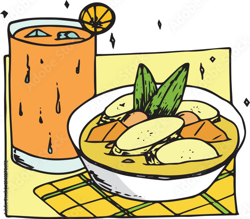 Indonesian Food Banana Compote Kolak Pisang with ice tea vector Illustration
