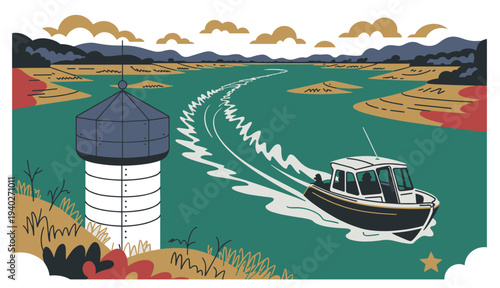 River navigation boat leaving wake on winding river. Motor boat navigating wide winding river landscape. Illustration representing natural river ecosystem and water transport.