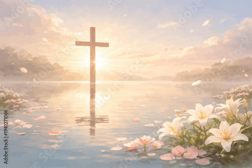 Glowing Christian Easter scene of a wooden cross rising from calm water at sunrise, surrounded by white lilies, floating petals, and radiant resurrection light