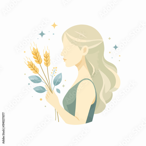 Virgo zodiac sign flat vector illustration featuring a graceful woman holding wheat in soft pastel tones with celestial accents.