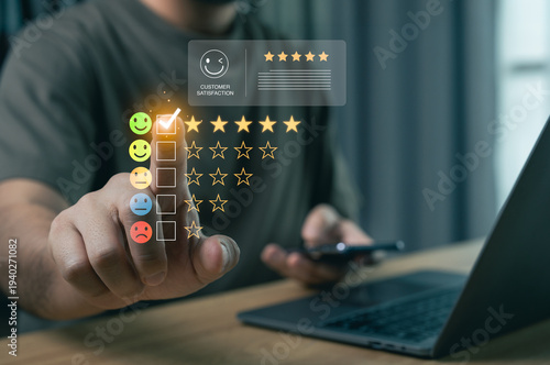 Businessman giving five star rating on virtual customer satisfaction survey, digital feedback and user experience concept