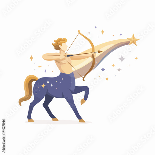 Sagittarius zodiac sign flat vector illustration featuring a celestial centaur archer aiming an arrow toward a star in a dreamy cosmic setting