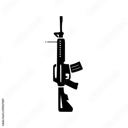 Minimal black silhouette icon of modern assault rifle isolated on white background representing infantry firearm used in military combat operations.
