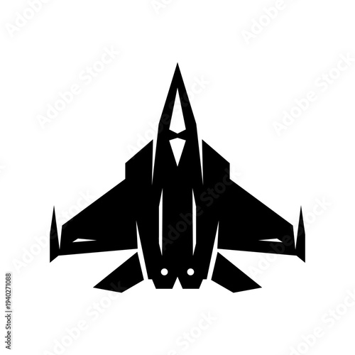 Minimal fighter jet silhouette isolated on white background representing military aviation, air force combat aircraft and aerial warfare operations.