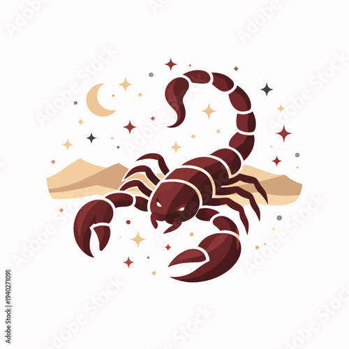 Scorpio zodiac sign flat vector illustration featuring a bold scorpion in a desert scene with moon and stars.